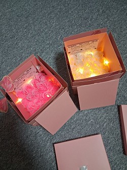 Boxen mit Beleuchtung, Seifenrosen für die Badewanne, beim aufmachen der Box fliegen 3-4 Schmetterlingen raus. Für Madchen in Rosa die Boxen mit weiße oder Rosane Seifenrosen, für Jungs Schwarzeboxen mit Sterne und hell blaue oder lilane Seifenrosen für die Badewanne